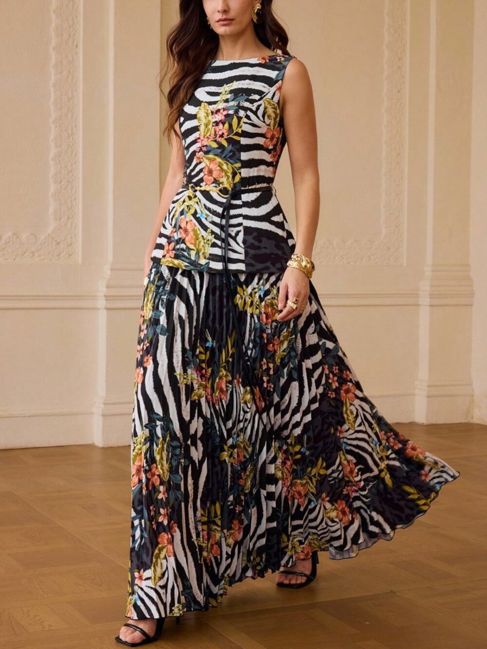 Black Elegant Women's Floral Print Zebra Stripe Dress - Picture 5 of 7